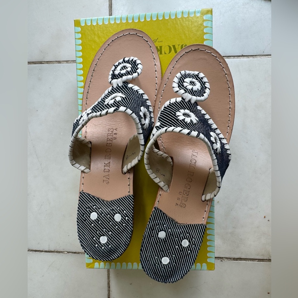 Jack Rogers, Rosalie, Navy/ White leather, mid wedge sandals, W-8